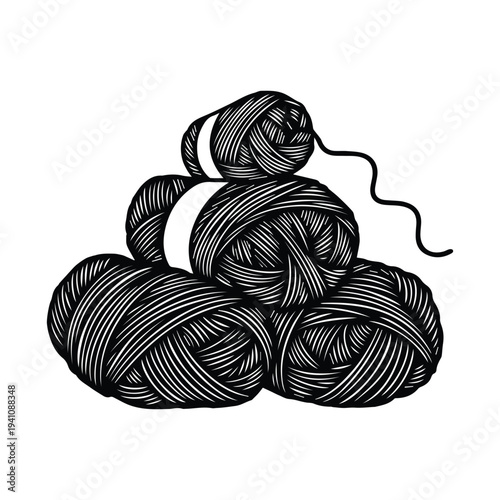 Black and white illustration of yarn balls with thread