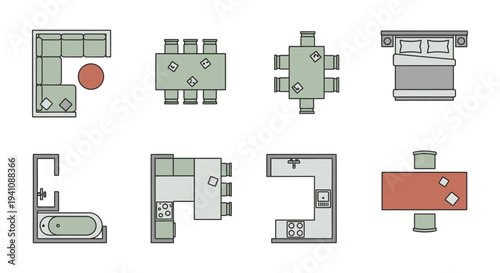 minimalist architectural floor plan icons illustrating various furniture layouts for modern home interior design and renovation projects.