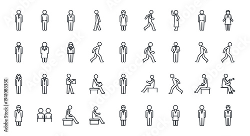 minimalist line art icons of diverse people and business professionals in various poses and actions suitable for uiux design.