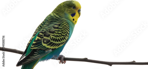 Yellow and Green Parakeet Perched on Branch Isolated on White