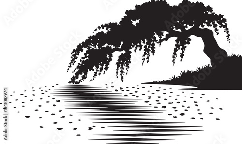 Silhouette of weeping willow tree over water with falling leaves on lake surface vector art design