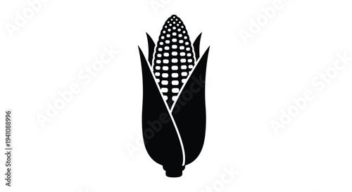 Simple black silhouette of a corn cob with husks displayed