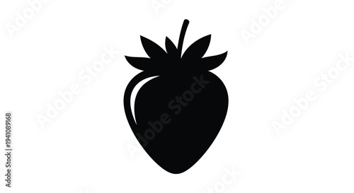 Simple black silhouette of a strawberry with leaves and stem