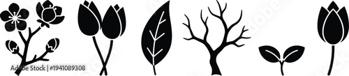 Black silhouettes of flowers and trees on white background