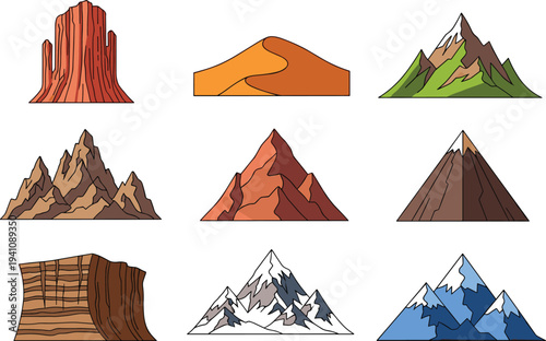 Mountain and Desert Landscape Icons Set with Canyon Cliffs Rocky Peaks Snowy Mountains Nature Terrain Vector Illustration