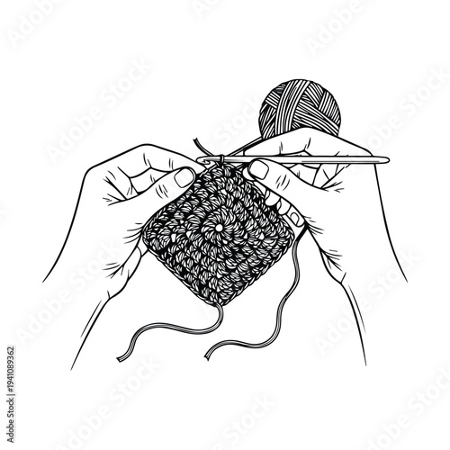 Hands skillfully knitting with yarn and needles in a close-up view