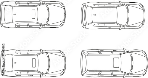 Four different car shown from view in black and white line cars vehicle vehicles