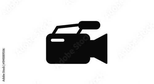 Simple black silhouette of a vintage video camera with a microphone
