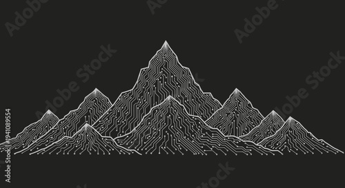 Digital Mountain Range Landscape with Circuit Board Texture