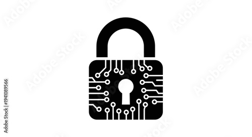 Digital Security Padlock Icon with Circuit Board Pattern