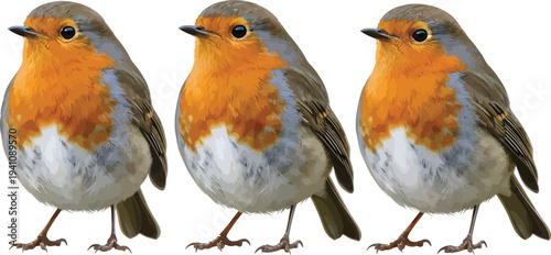 European Robins Standing on White Background