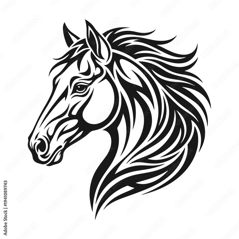 Obraz premium Stylized horse head logo illustration in clean graphic lines, isolated on white background. Horse head, horse logo, stallion head, equine emblem