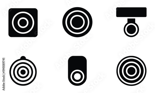 Set of black icons illustrating security and detection elements, featuring various sensor and camera designs for technology.