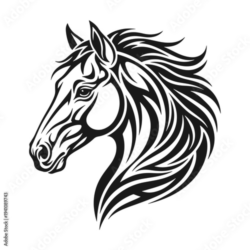 Stylized horse head logo illustration in clean graphic lines, isolated on white background. Horse head, horse logo, stallion head, equine emblem