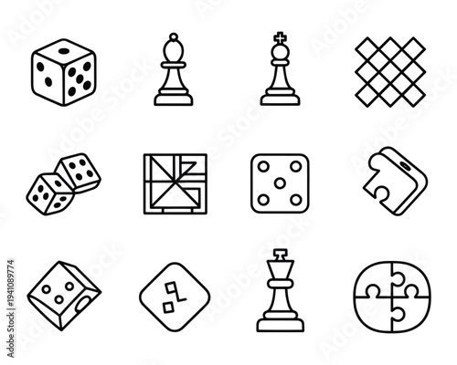 Set of simple line art icons for board games and tabletop activities, featuring dice, chess pieces, and puzzle elements.