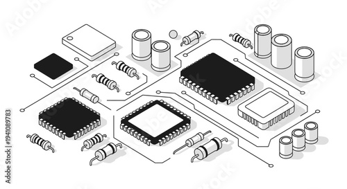 Isometric Electronic Components Arranged on Circuit Board Lines