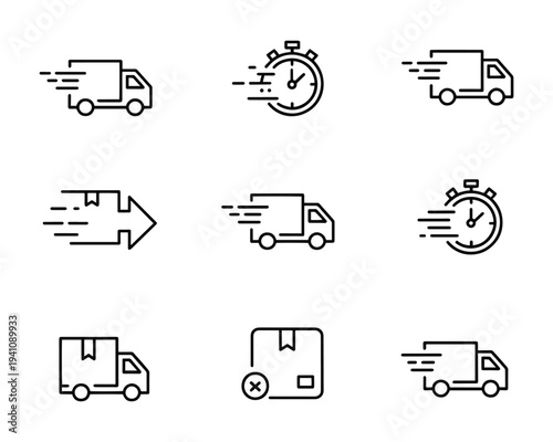 Group of nine line icons depicting fast shipping and delivery, featuring trucks, stopwatches, and packages in motion for logistics.