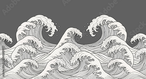 Stylized Japanese Wave Pattern, Monochrome Ocean Swells
