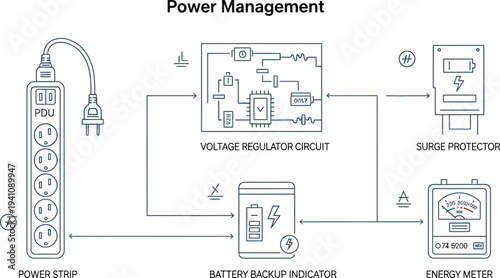 A schematic diagram illustrates the components involved in an electrical power management system including a surge protector and voltage regulator circuit.