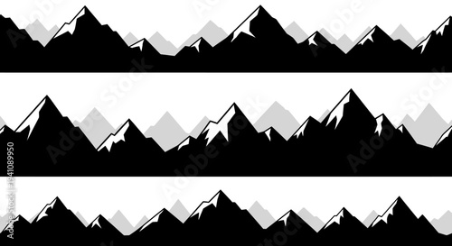 Stylized Mountain Range Seamless Pattern, Silhouette Peaks, Black and White