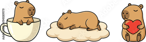 Capybara in different poses with cup cloud and heart cartoon cute smiling sleeping