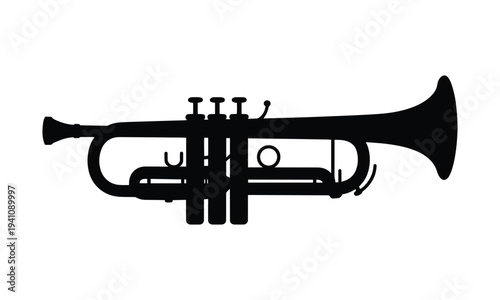 Silhouette of a brass trumpet, a musical instrument used in jazz, classical, and marching bands, isolated on a white background.