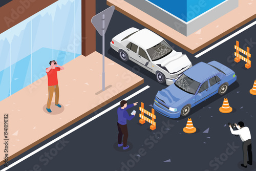 Traffic accident isometric composition with crash between car on road bystanders vector illustration