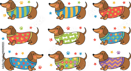 Cartoon dachshunds in colorful sweaters with stars and paw prints