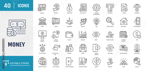 Money icon set. Includes cash, saving, transfer, withdraw and more icons. Outline Icon Set. Vector illustration with Editable stroke