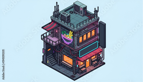 Isometric Pixel Art Japanese Ramen Shop Building with Neon Signs