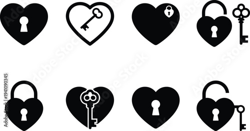Black heart shapes with keys and locks white
