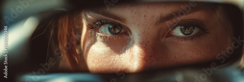 Intense gaze of a young woman with green eyes and natural freckles looking through a vehicle rearview mirror during golden hour.