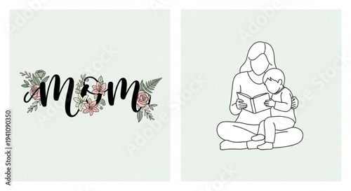 Mother and child reading together mom text with flowers illustration set