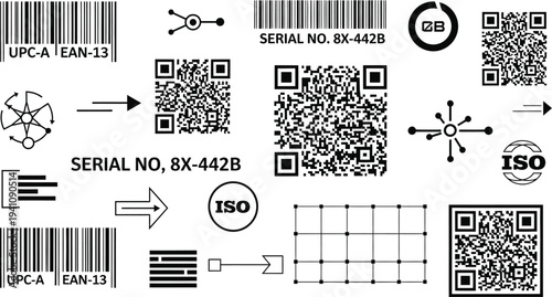 A collection of various standardized identification markings including QR codes, barcodes, serial numbers, and quality assurance stamps.