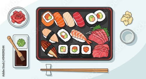 Assorted Sushi Platter with Chopsticks and Soy Sauce - Top View