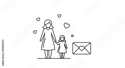 Mother and daughter holding hands with hearts and envelope symbolizing love and communication