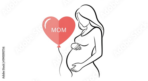 Pregnant woman holding heart shaped balloon with 'mom' text maternity concept pregnancy announcement love and care