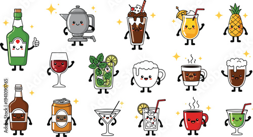 Cute drink characters set funny cocktail coffee juice kawaii beverage mascots