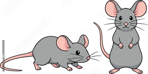 Two cartoon mice standing and walking on white background gray pink ears