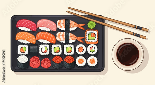 Assortment of Sushi and Sashimi Platter with Soy Sauce and Chopsticks