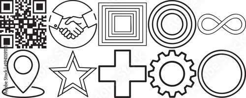 Collection of various black and white geometric and symbolic icons