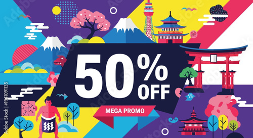 Japan Travel Discount Banner with Iconic Landmarks and 50% Off Mega Promo