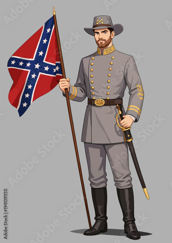 072-06-Confederate soldier wearing grey uniform, holding a confederate battle flag and saber