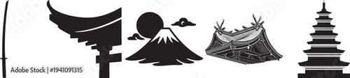 A collection of black silhouettes representing japanese cultural icons