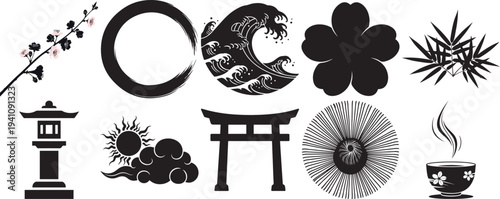 Japanese inspired black and white illustrations of cultural symbols