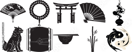 Collection of black silhouette icons representing traditional japanese culture