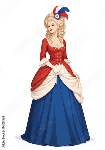 072-08-Woman in period costume with royal blue, red, and white dress and cockade