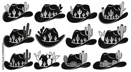 Western Cowboy Hats with Cactus Desert Silhouette Pattern