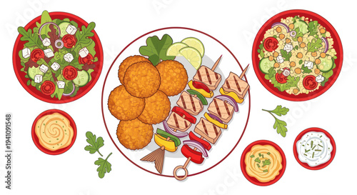 Healthy Mediterranean Food Platter with Grilled Skewers, Salads, and Dips