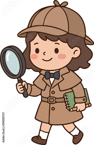 Kid detective investigating clues with magnifying glass cartoon illustration